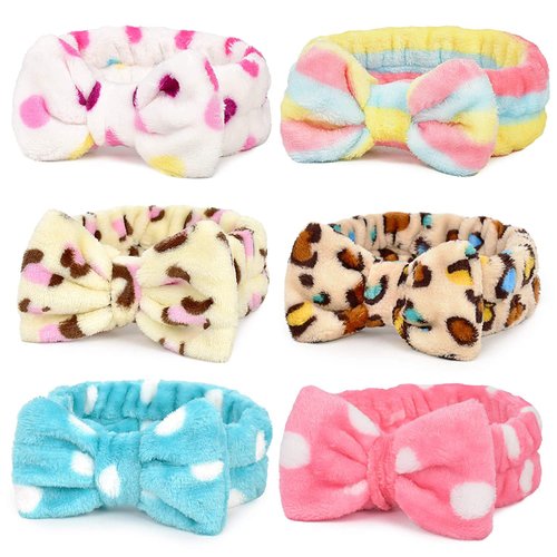 HUIANER Cute Bow Headband, Coral Fleece Elastic Bowknot Hair Band For Girls Washing Face Makeup Cosmetic Yoga Sports Pajama Party, Pack of 6
