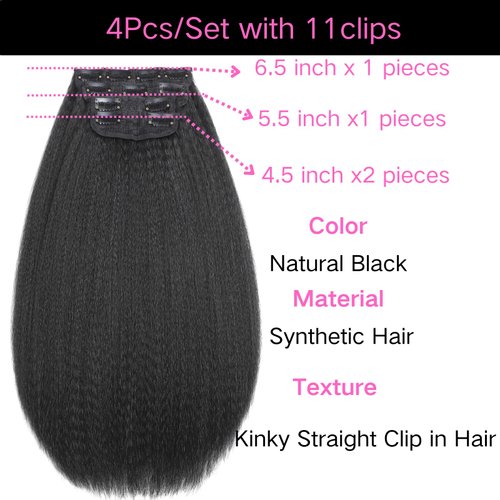 Kinky Straight Clip in Hair Extensions for Black Women Natural Black Full Head Yaki Kinky Straight Synthetic Hair 4Pcs 11 Clips 140g/Set (16 inch)