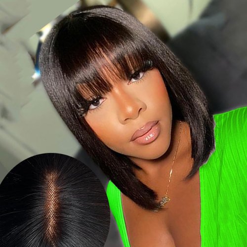 KEVVTY Human Hair Bob Wig With Bangs, Natural Straight 3X2 HD Lace Glueless Bob Wigs For Women 180% Density Short Black Bob Wigs With Bangs Human Hair (12 Inch, Natural Black)