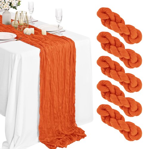 Lykoow 5 Packs Orange Cheesecloth Table Runner, 10Ft x 35" Orange Rustic Gauze Boho Wedding Table Runner Decoration, Wedding Table Decor Table Cloth for Wedding Party Bridal Shower Table