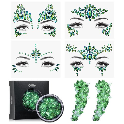 Yaryang 4 Sheets Halloween Face Jewels and Ivy Body Glitter, Green Face Gems Stick on Rhinestone Tattoo Sticker Self Adhesive 20g Chunky Face Hair Glitter for Women Party DIY Makeup Decor