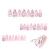 Pink French Tip Press on Nails Long Almond Fake Nails Full Cover False Nails with Charms Rhinestone Bow Glue on Nails Full Cover Shiny Stick on Nails Cute Nude Artificial Nails for Women 24Pcs