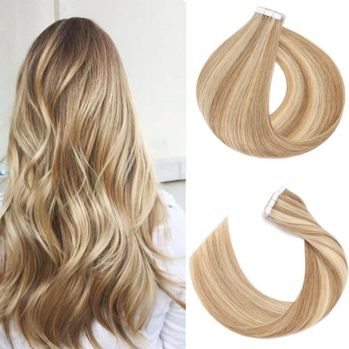 Rich Choices Tape in Hair Extensions Human Hair,100% Remy Tape Hair Extensions Real Human Hair,Seamless Tape in Hair Extension 40pcs 100g 18 Inch #12P613 Golden Brown Highlighted Bleach Blonde