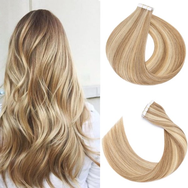 Rich Choices Tape in Hair Extensions Human Hair,100% Remy Tape Hair Extensions Real Human Hair,Seamless Tape in Hair Extension 40pcs 100g 18 Inch #12P613 Golden Brown Highlighted Bleach Blonde