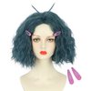 yuehong Short Dark Green Curly Wig Anime Wig Halloween Cosplay Costume Wig for Women with Purple Hairpins(Adult)