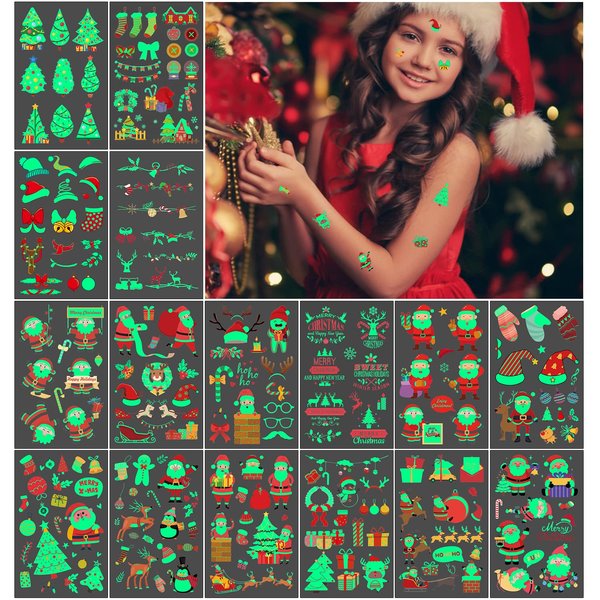 Christmas Tattoos for Kids 16 Sheets Glow in the Dark Tattoos for Kids, Girls Boys Waterproof Temporary Tattoos, Christmas Party Supplies, Christmas Party Favors for Kids, Christmas Gifts for Kids