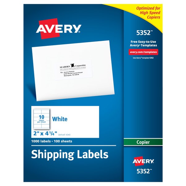 Avery Printable Shipping Labels for Copiers, 2" x 4.25", White, 1,000 Blank Mailing Labels (5352)