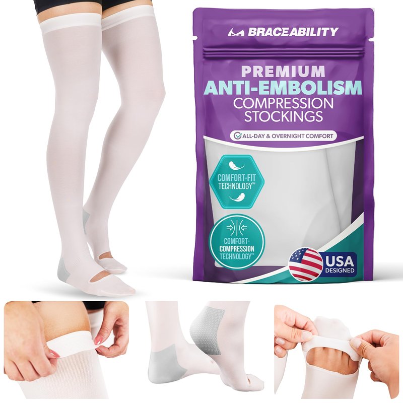 BraceAbility Anti Embolism Compression Stockings - Thigh High Medical TED Hose 15-20 mmHg with To...