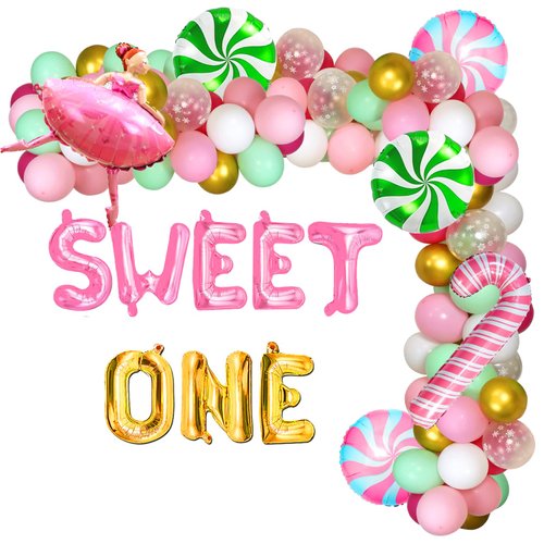 Christmas 1st Birthday Pink Green Pastel Balloon Garland Arch Kit With Sweet One Candy Cane Balloons For Girl Princess Ballerina Christmas Birthday Baby Shower Party Decorations