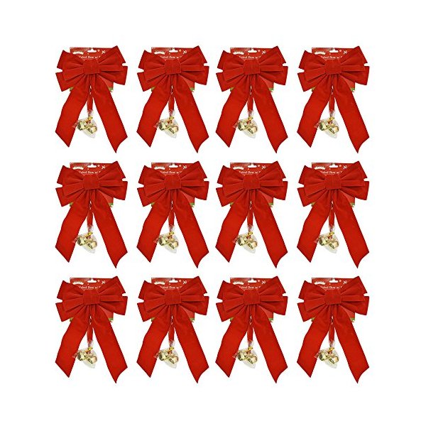 Set of 12 Red Velvet 20" x 9" Festive Holiday Christmas Bows with Bells - Perfect as Tree Ornaments - Tree Filler - Decorative Ornaments - Perfect for Preparing for The Holidays!