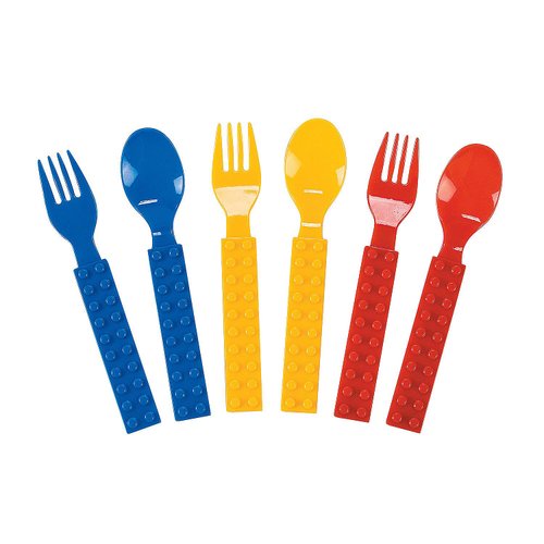 Brick Party Fork & Spoon Utensils Silverware Set - 16 pieces- Brick and Building Block Birthday Party Supplies