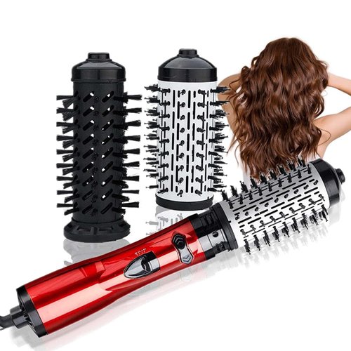 3 in 1 Hot Air Styler Rotating Hair Dryer, Blow Dryer Brush in One 2 Interchangeable Brushes, Auto Rotating Curling Hot Hair Brush for Dry and Wet Hair (Red)