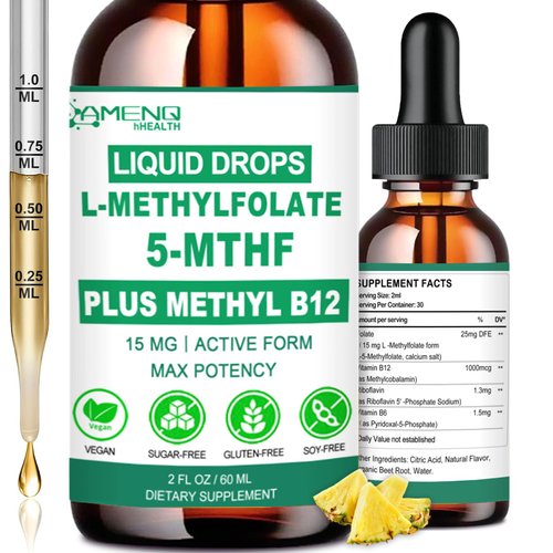 Methylfolate Supplement Liquid Drops, L Methy Folate 15mg Plus Methy B12, B6, B2 Multivitamin, Metabolically Active 5-MTHF Form for Mood Homocysteine Methylation Cognition Energy Nerve Health*
