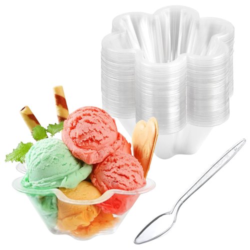Qeirudu 50 Pack Ice Cream Bowls with Spoons - 8 oz Clear Dessert Cups Disposable Sundae Bar Supplies for Serving Party Dessert, Yogurt Parfait, Fruit
