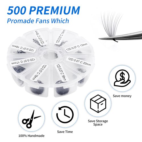 Volume Lash Extensions 12D Premade Fans Eyelash Extensions 500 PCS 0.07mm Thickness 9-16mm Mixed C/D Curl Short Stem Premade Volume Eyelash Extensions Pointed Base Fans by WENDY LASHES (500PCS-12D-0.07-C, 13-20mm Mixed Tray)