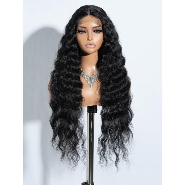 Joedir Lace Front Wigs 30" Long Wavy Synthetic Wig 4.5" Deep Part HD Transparent Lace With Baby Hair For Women 130% Density Wigs(Black Color)