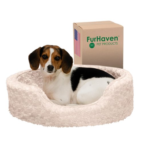 Furhaven Dog Bed for Medium/Small Dogs w/ Removable Washable Cover & Pillow Cushion Insert, For Dogs Up to 18 lbs - Ultra Plush Faux Fur Oval Lounger - Cream, Medium