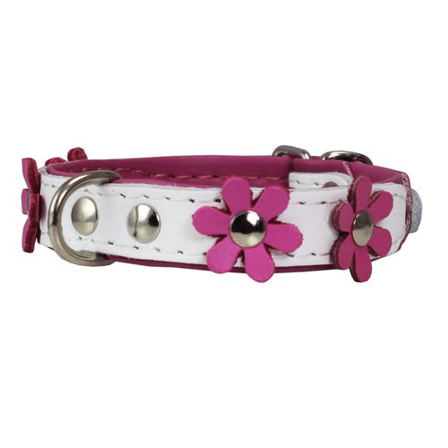 Real Leather Daisy Flowers Dog Collar (White/Pink, 10.75"-12" Neck; 5/8" Wide)
