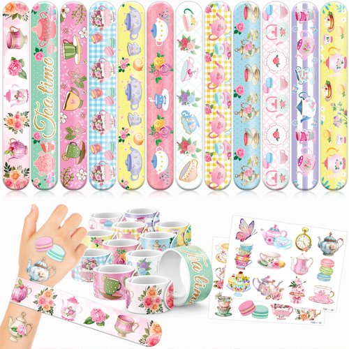 48 Floral Tea 24PCS Floral Tea Temporary Tattoos Sticker 24PCS Slap Bracelets Perfect for Themed Birthday Party Favors Baby Showers or Classroom Rewards Ideal Decor and Gifts for Girls and Boys
