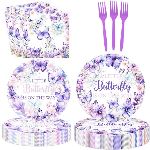 80 Pcs A Little Butterfly Is On The Way Party Supplies Spring Butterfly Baby Shower Paper Plates Napkins Forks Dinnerware for Butterfly Theme Girls Gender Reveal 1st Bday Party Decorations