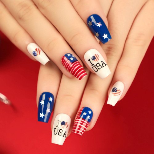 4th of July Coffin Press on Nails Short American Flag Fake Nails Red Blue White Full Cover Acrylic Nails Glossy Star Glue on Nails Independence Patriotic False Nails for Women 24 Pcs