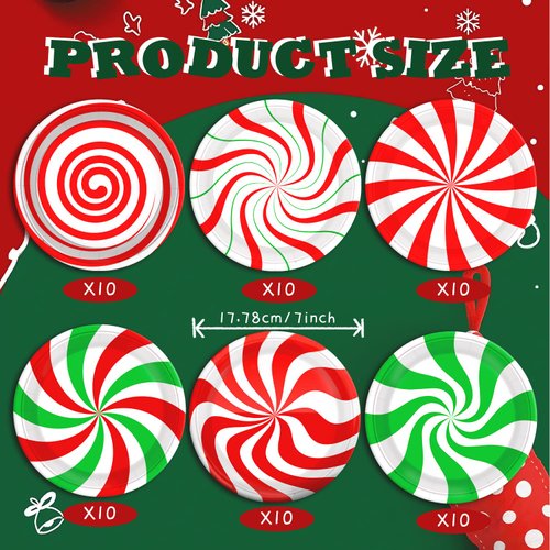 FZR Legend 60 Christmas Candy Party Paper Plates, 7 Inch Red White and Green Striped Xmas Theme Disposable Dessert Cake Plates Dinnerware for Christmas Holiday Supplies Decorations