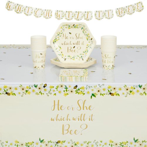 Sparkle and Bash Gender Reveal Bee Theme Party Pack, He Or She What Will It Bee (Serves 24, 75 Pieces)