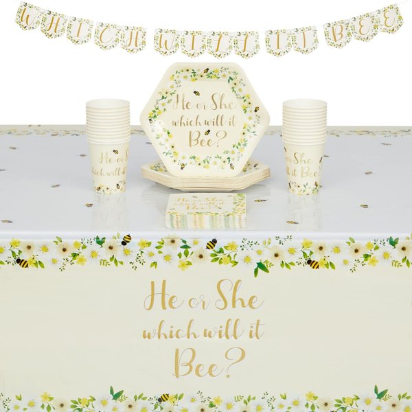 Sparkle and Bash Gender Reveal Bee Theme Party Pack, He Or She What Will It Bee (Serves 24, 75 Pieces)