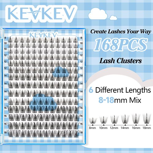 KevKev Lash Clusters 168 Pcs Cluster Lashes DIY Lash Extensions Mixed Styles Individual Lashes Eyelash Clusters Thin Band & Soft False Lashes Wispy Natural Lash Extension Clusters (Breeze, D-8-18mix)