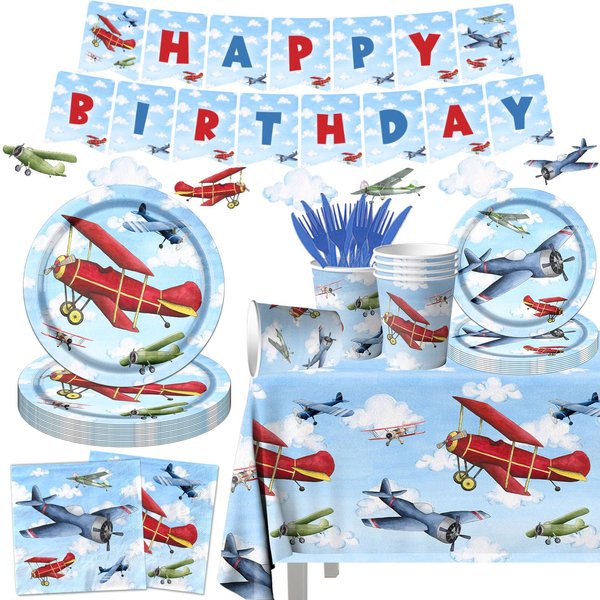 142pcs Airplane Birthday Party Decorations Airplane Party Tableware Supplies Airplane Blue Sky White Disposable Plates,Tablecloth,Napkins,Cups,Banner Forks and Knives For Kids Favors Serve 20 Guests