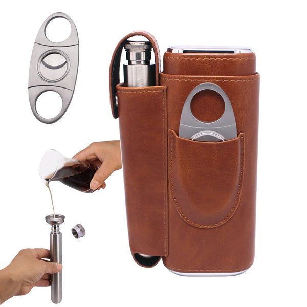 AMANCY Portable Cigar Case Flask Gift Set - 2 Finger Cigar Case with 2 Oz Stainless Steel Flask and Cutter