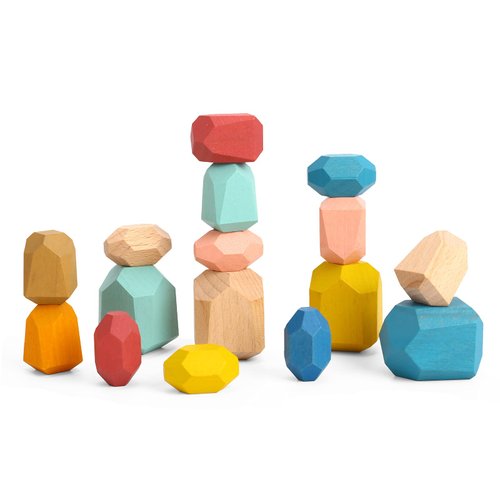 TOOKYLAND 16 Pcs Wooden Soring Stacking Balancing Stone Rocks,Wooden Stacking Blocks Set,Colorful Educational Montessori Puzzle Toys Set for Toddlers Kids 3+