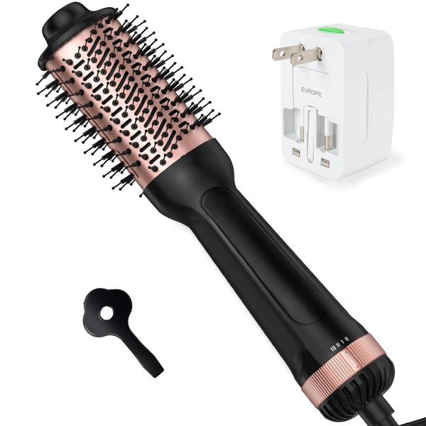 Dual Voltage Hair Dryer Brush for European Travel,Blow Dryer Brush for Blowout Look with Universal Power Adapter, One-Step Hot Air Brush Volumizer,Smoothing,Dryer,125V/220V