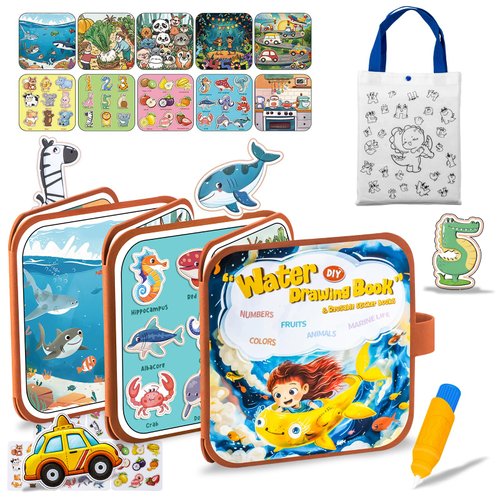 ZhaoJum Busy Board Books for Toddlers Ages 1-5, Montessori Busy Book Preschool Educational Toys for Learning Activities, Dinosaur DIY Coloring Reusable Canva Bag for Boys and Girls Birthday Gifts