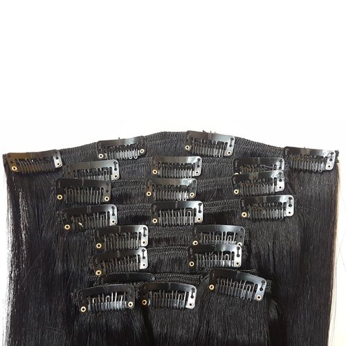 Hannah Queen Hair Brazilian Clip In Hair Extensions #1B Natural Black Grade 8A Double Weft 100% Remy Human Hair Full Head Straight 8pcs 17clips for Women Beauty (16 inch 100g,#1B Natural Black)