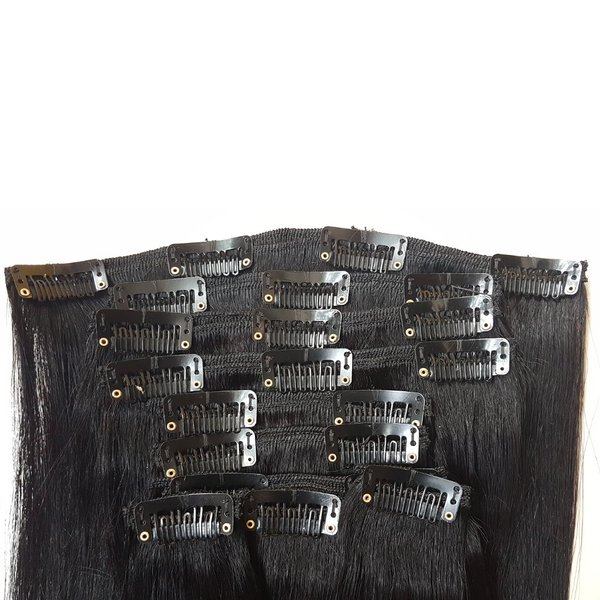 Hannah Queen Hair Brazilian Clip In Hair Extensions #1B Natural Black Grade 8A Double Weft 100% Remy Human Hair Full Head Straight 8pcs 17clips for Women Beauty (16 inch 100g,#1B Natural Black)