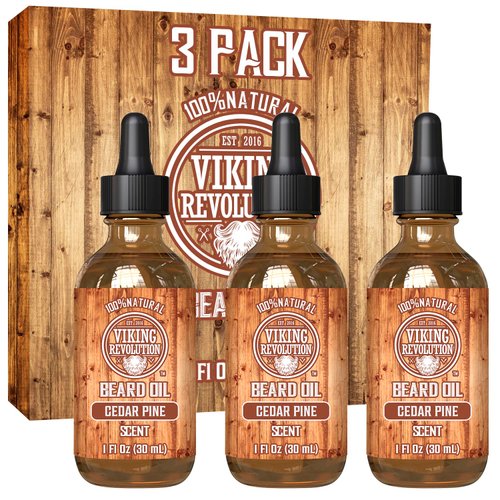 Viking Revolution Men's Beard Oil - Natural Argan and Jojoba Blend, Softens and Strengthens Facial Hair (Cedar and Pine, 3 Pack)