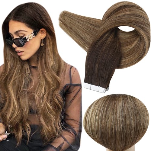 Full Shine Balayage Tape in Hair Extensions Human Hair 14 Inch Tape in Extensions 2/3/27 Brown To Blonde Mixed Brown Ombre Seamless Skin Weft Tape ins Human Hair Extensions Straight Hair 50Gram 20 Pcs