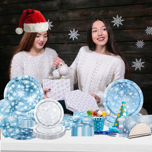 Bezkega Winter Party Plates and Napkins,Snowflake Party Supplies 60pcs Winter Wonderland Paper Plates and Napkins for Christmas Holiday Winter Party Supplies
