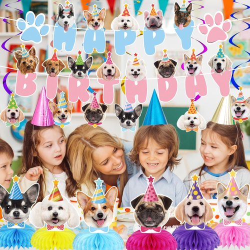 GOYOSWA Dog Birthday Party Supplies, Dog Party Decorations Dog Themed Birthday Party Supplies Includes 1 Birthday Banner, 6 Dog Honeycomb Centerpieces, 6 Hanging Swirls with 6 Dog Cutouts Decorations