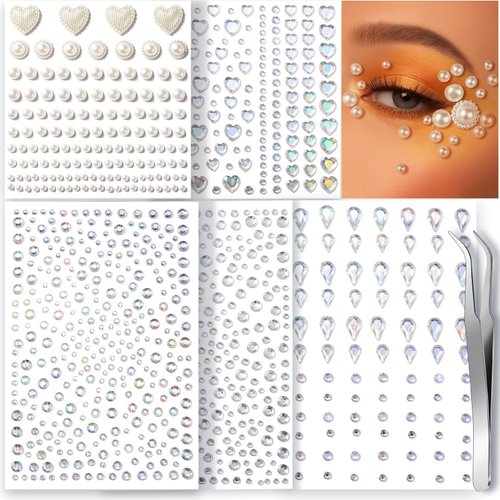Teenitor Face Gems Self Adhesive Face Rhinestones for Makeup Face Jewels, Stick On Pearls Hair Gems, Pearl Rhinestones Stickers for Face, Hair, Eye, Nail, Body, Crafts, Halloween Makeup