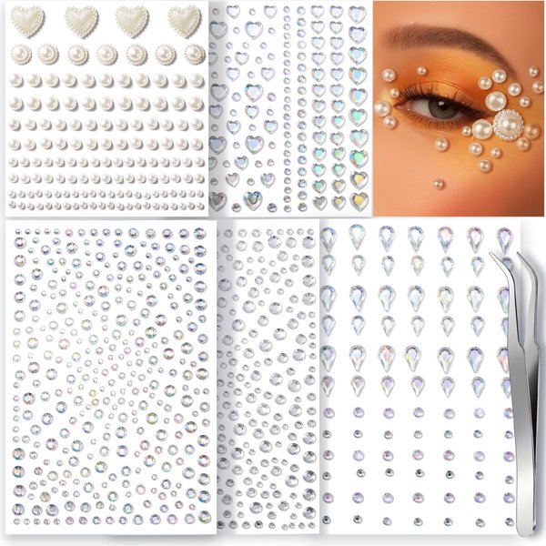 Teenitor Face Gems Self Adhesive Face Rhinestones for Makeup Face Jewels, Stick On Pearls Hair Gems, Pearl Rhinestones Stickers for Face, Hair, Eye, Nail, Body, Crafts, Halloween Makeup