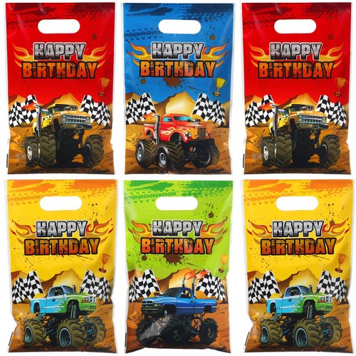 Pajean 48 Pieces Monster Truck Gift Bags Bulk Plastic Happy Birthday Truck Party Bag Racing Truck Treat Goodie Bags for Kids Monster Truck Birthday Party Favors Supplies Packing, 9.8 x 6.5 Inch