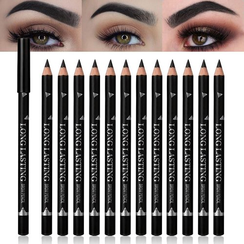 12Pcs brow pencil, wooden hard-core eyebrow pencils, eyebrow pencil Black, eyebrow and eyeliner pencils, waterproof and sweat-proof, beginner makeup eyebrow pencil, Black eyeliner pencils