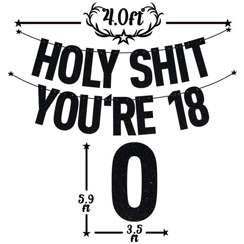 Black Glitter Holy Shit You're 18 Banner, Time to Adult/Happy 18th Birthday/Cheers to 18 Years, 18th Birthday Party Decorations Supplies