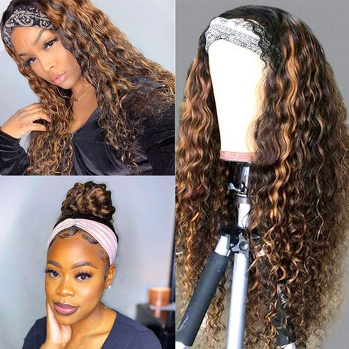Benafee Headband Wig Deep Wave Human Hair Headband Wigs None Lace Front Wigs Human Hair Natural Color Mix Brown Deep Curly Headband Wigs 150% Density Real Remy Hair Headband Wigs for Black Women 12”