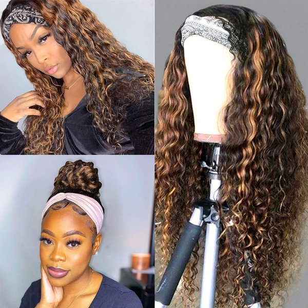 Benafee Headband Wig Deep Wave Human Hair Headband Wigs None Lace Front Wigs Human Hair Natural Color Mix Brown Deep Curly Headband Wigs 150% Density Real Remy Hair Headband Wigs for Black Women 12”