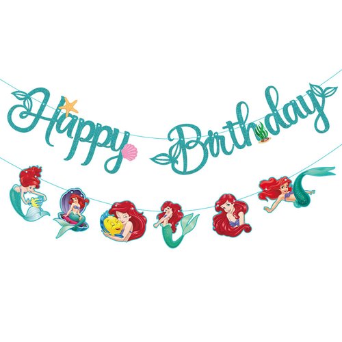 Little Mermaid Birthday Banner, Mermaid Ariel Birthday Banner, Mermaid Birthday Party Supplies Decorations for Girls Boys Birthday Party Baby Shower Cartoon Sign Decorations