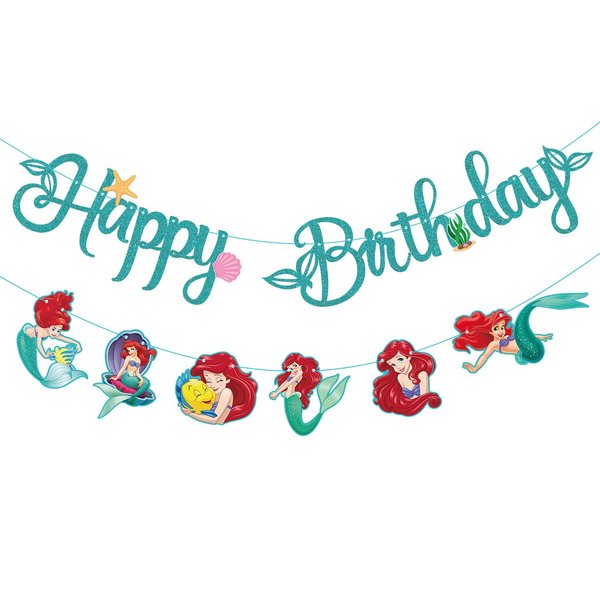 Little Mermaid Birthday Banner, Mermaid Ariel Birthday Banner, Mermaid Birthday Party Supplies Decorations for Girls Boys Birthday Party Baby Shower Cartoon Sign Decorations