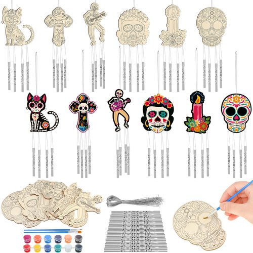 Silipull 24 Sets Day of The Dead Wind Chimes Craft for Kids Make Your Own Skull DIY Wooden Halloween Tree Ornament Mexican Fiesta Coloring Wind Chime for Gifts Halloween Home and Party Supplies